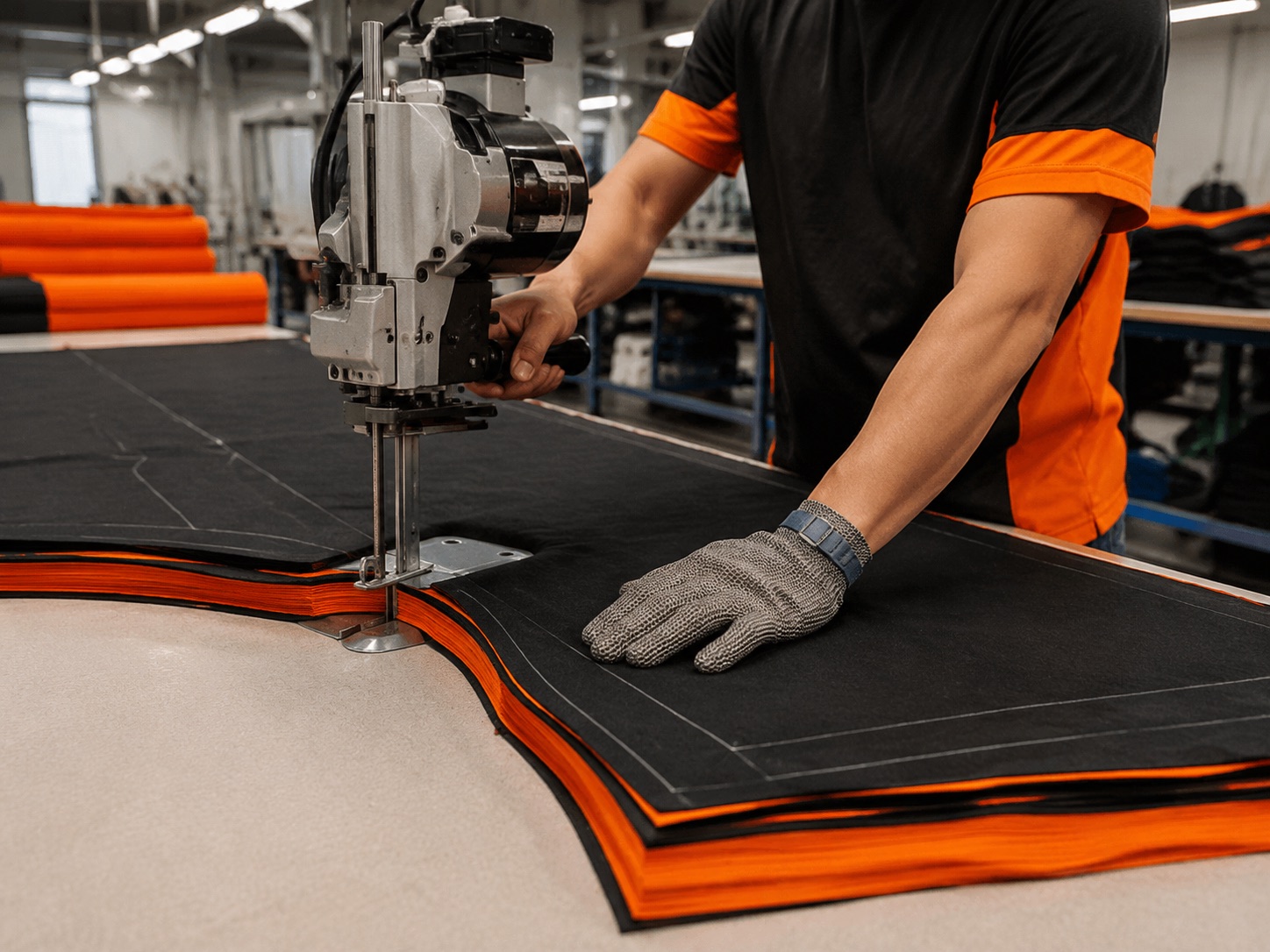 Layered fabric being cut to pattern on a long industrial cutting table
