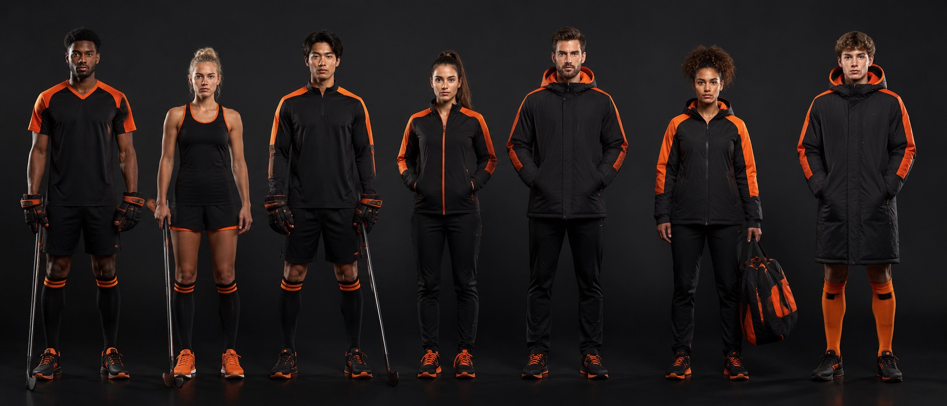 Hockey players side by side wearing every layer of the same club range, from match shirt to bench jacket