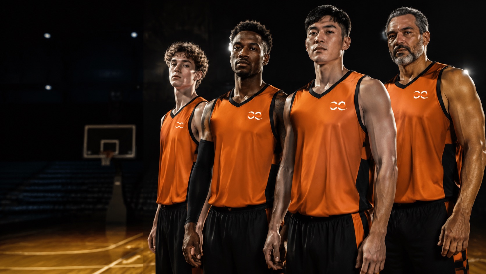 Basketball team in custom orange and black Addahar uniforms lined up on an indoor court