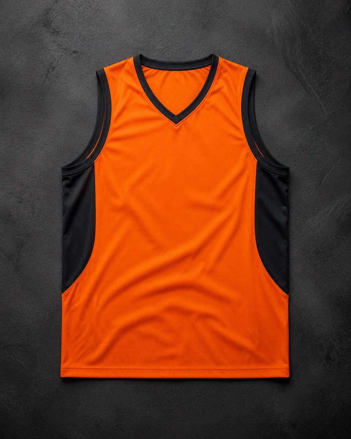 Custom sleeveless basketball game jersey, flat lay on dark charcoal