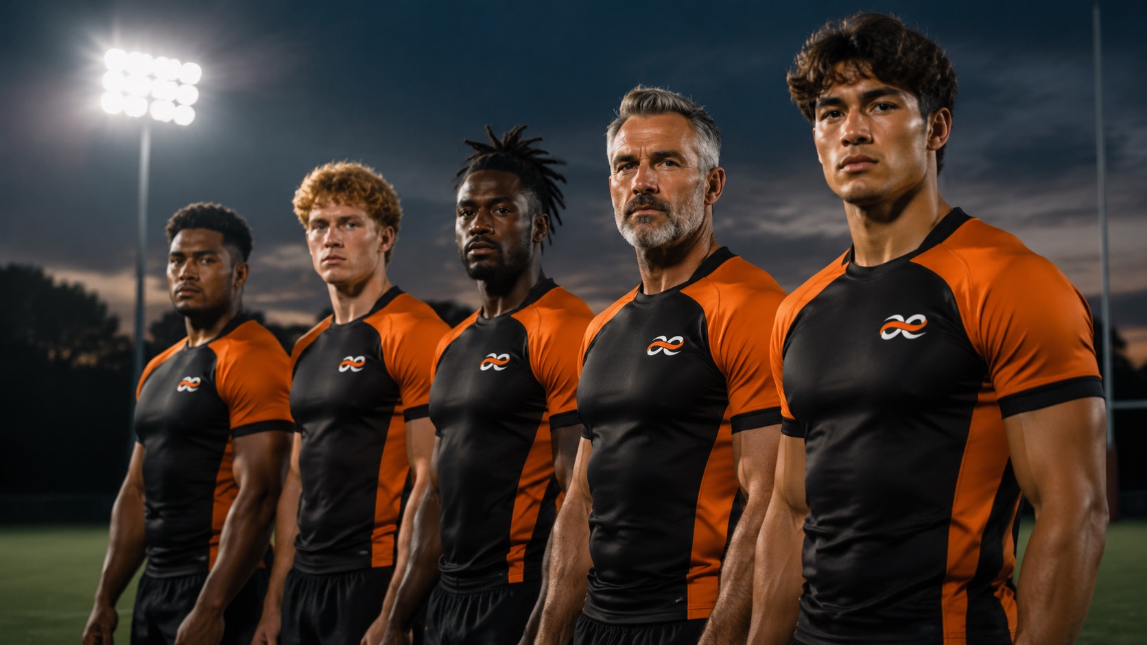 Rugby squad in custom orange and black Addahar match jerseys packing down on a floodlit pitch