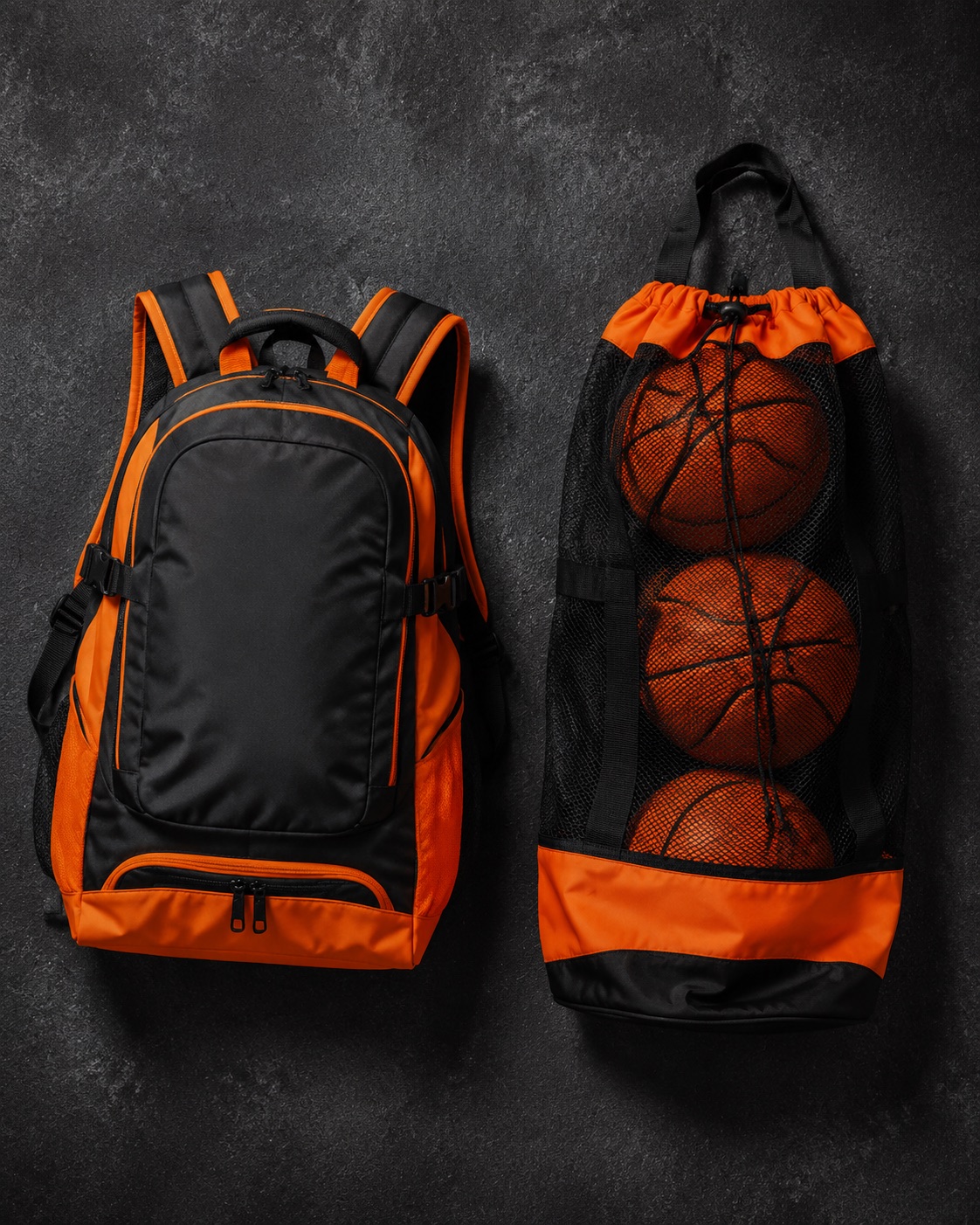 Basketball backpack beside a mesh ball bag, flat lay
