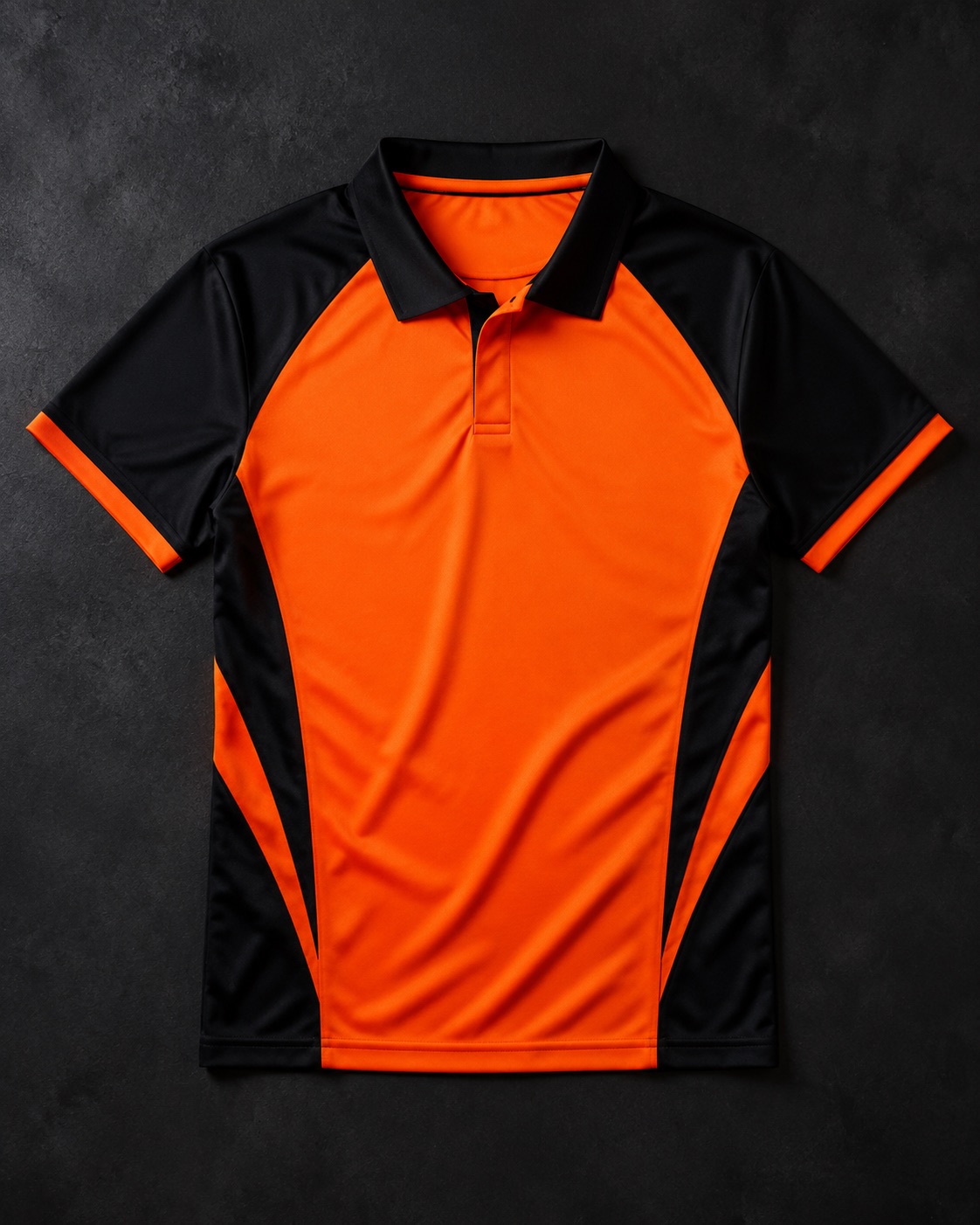 Custom sublimated coloured cricket match shirt, flat lay on dark charcoal