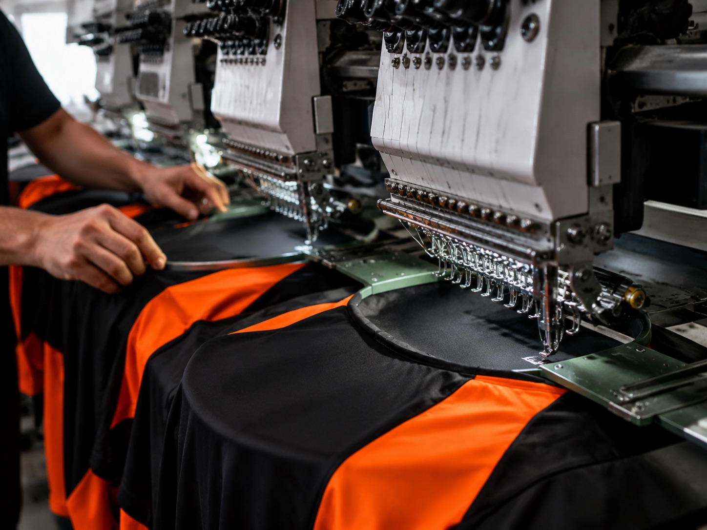 Multi-head embroidery machine stitching club crests onto garments simultaneously
