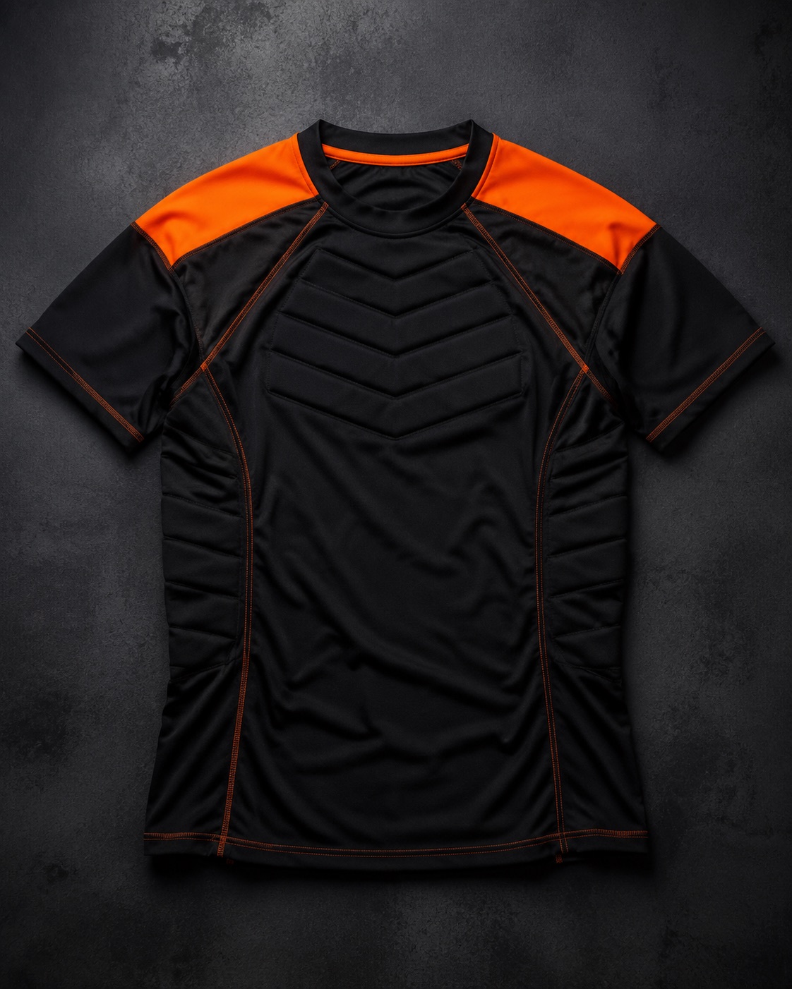 Rugby contact training top with contrast shoulder panels, flat lay