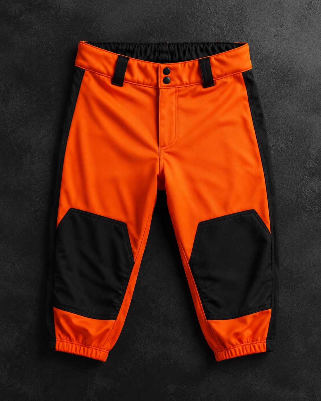 Baseball knicker pants with reinforced knees, flat lay on dark charcoal
