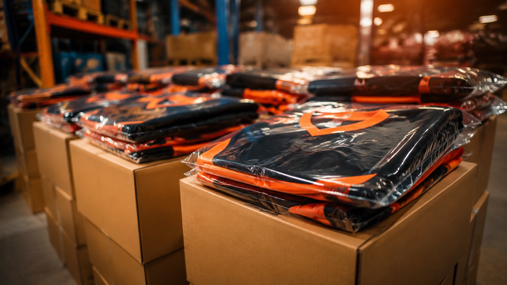 Cartons of finished teamwear stacked and labelled in a factory dispatch area