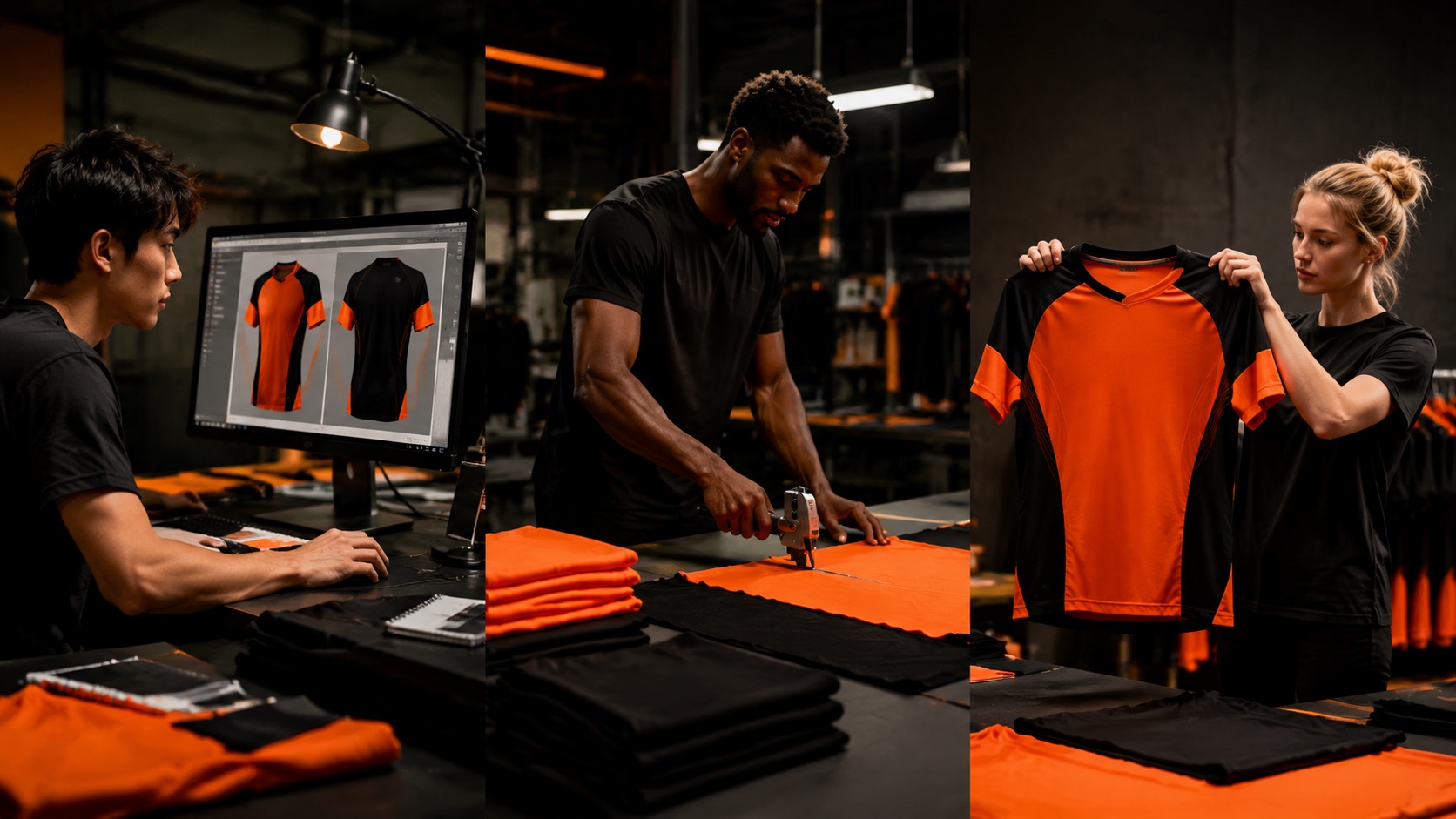 Custom teamwear moving through production — artwork on screen, fabric being cut and finished jerseys being inspected
