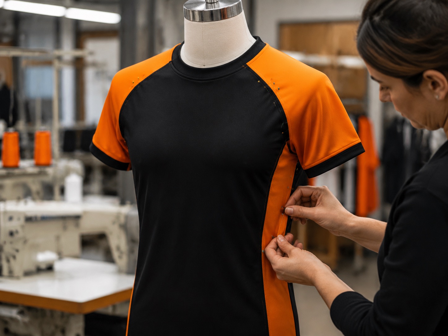 Fit sample garment being assessed and pinned for pattern correction