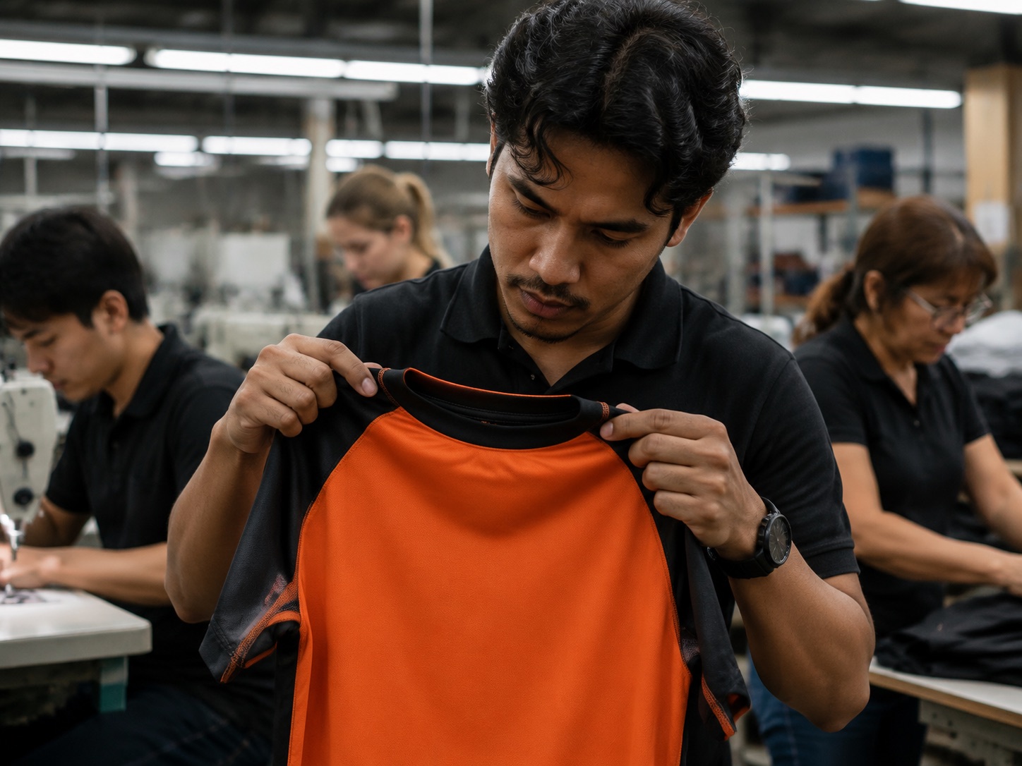 Inspector checking decoration placement and stitching on a finished sports garment