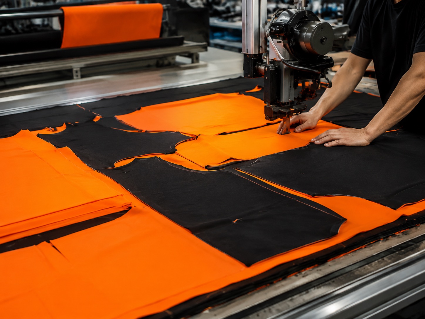 Printed sportswear panels being cut to pattern on a factory cutting table