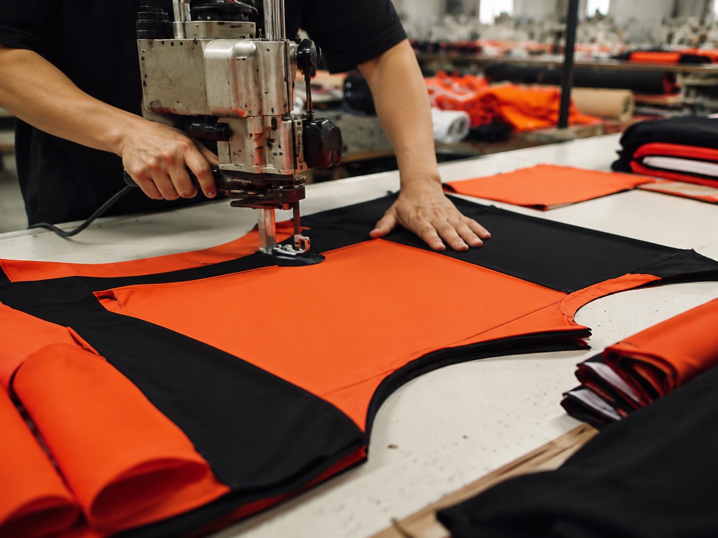 Pattern pieces being cut for a first sample garment on a factory table