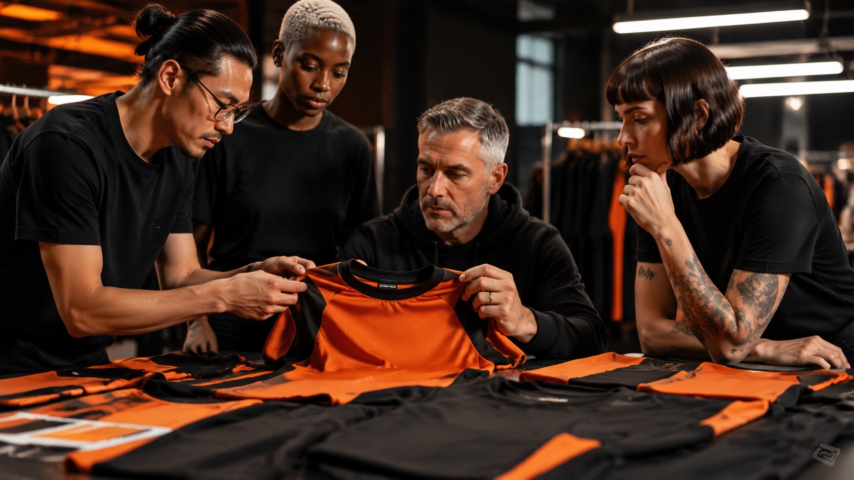 Founder reviewing private label sportswear samples and branded neck labels