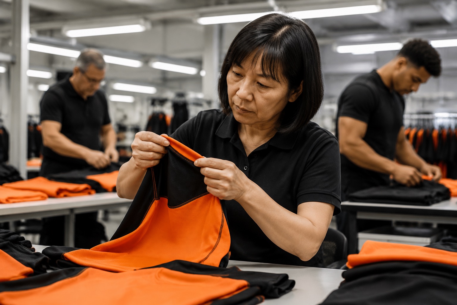 Inspector checking stitching and trims on a finished sports garment under bright light
