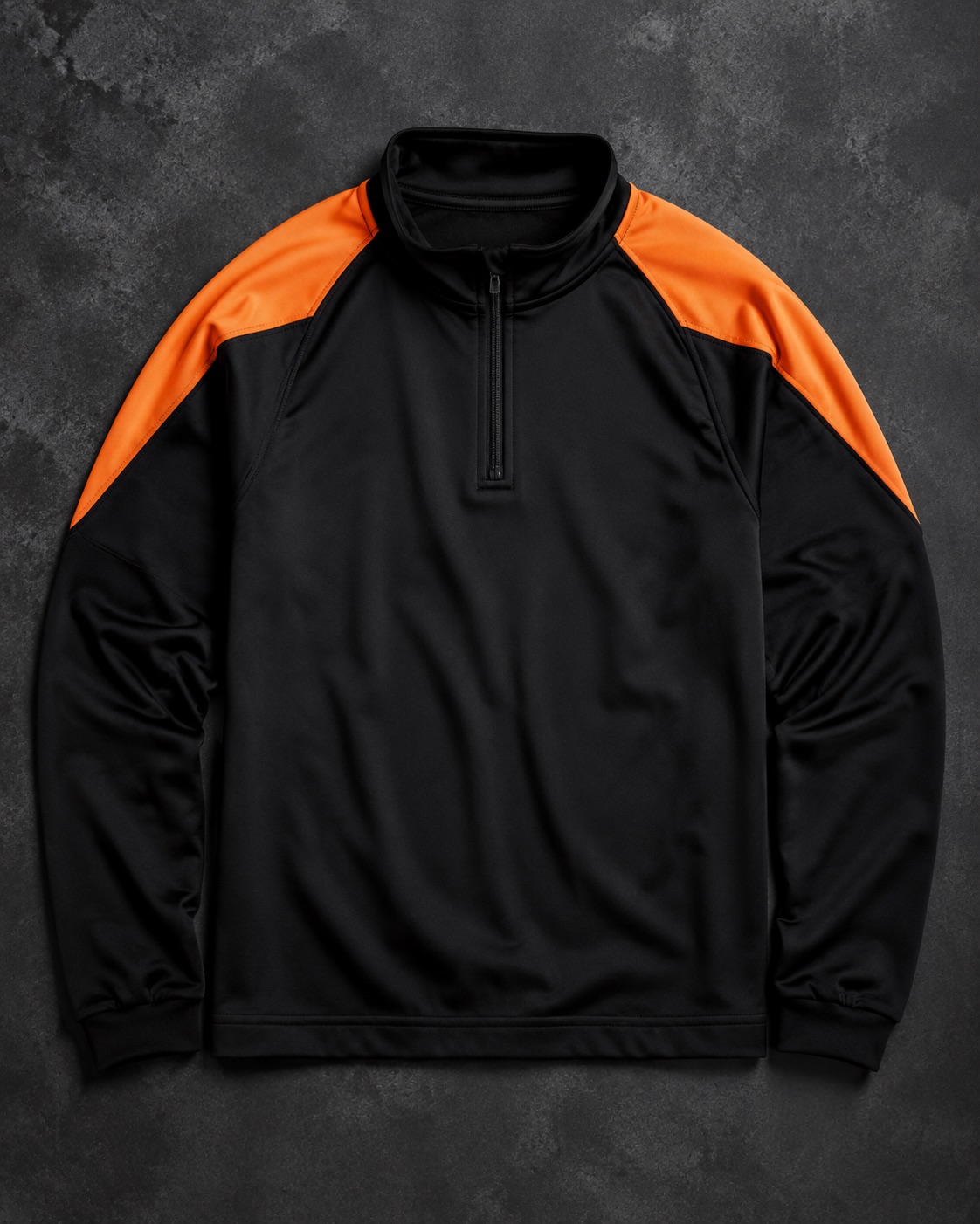 Quarter-zip rugby drill top with contrast shoulder panels, flat lay