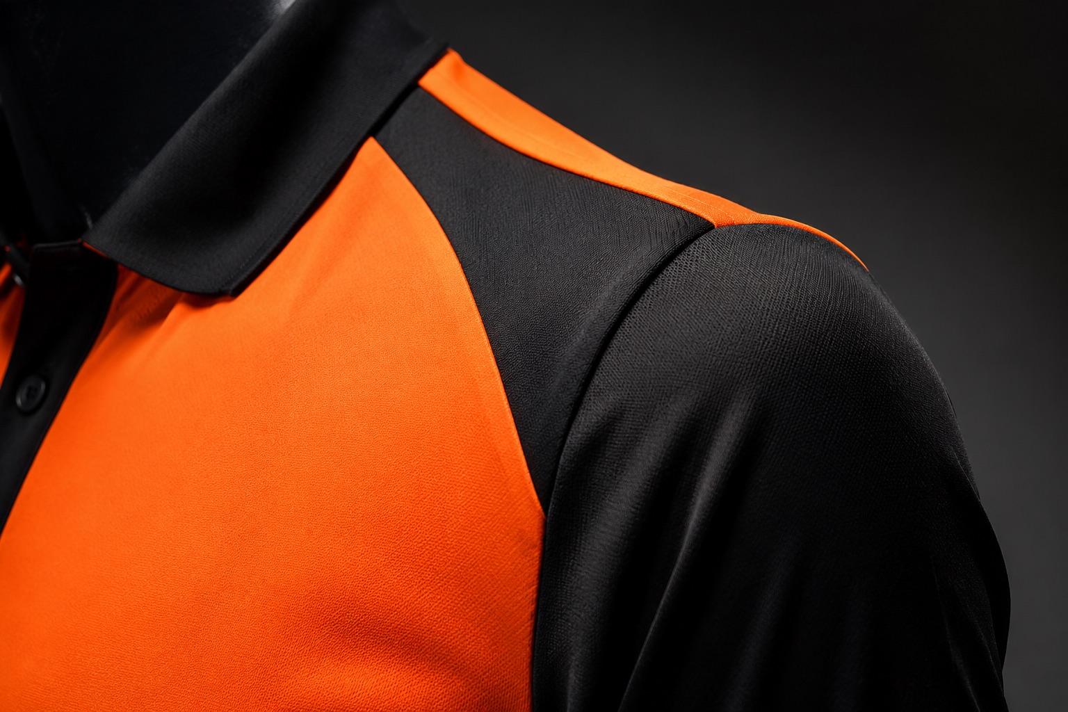 Close detail of a sublimated coloured cricket shirt shoulder with club colours