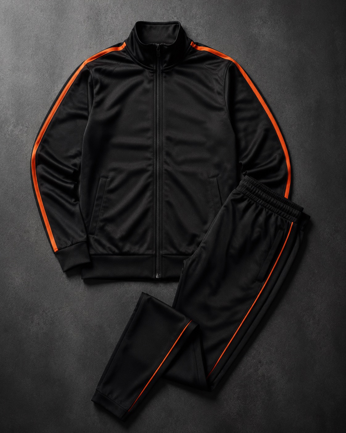 Matching black football tracksuit jacket and tapered pants with orange piping