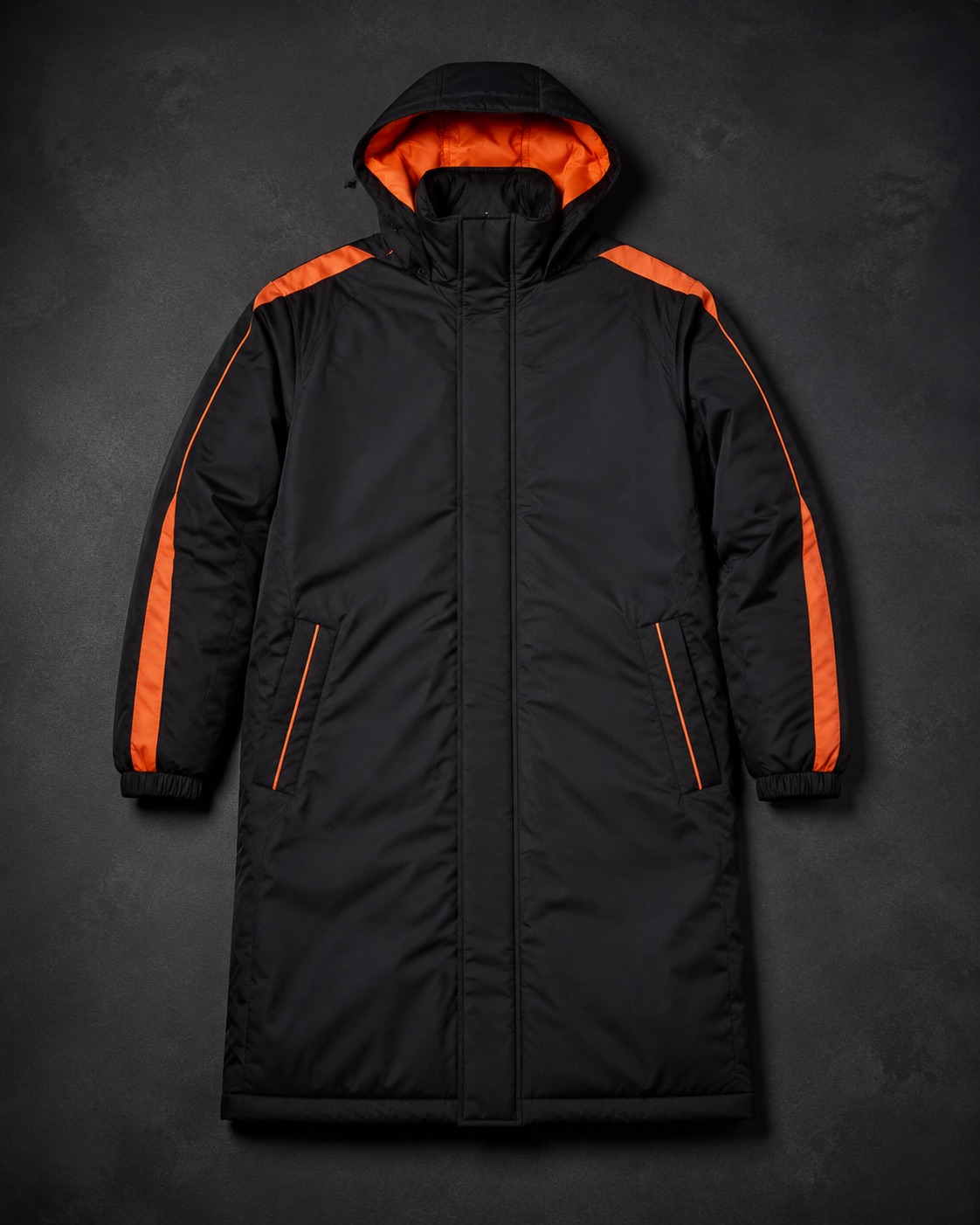 Long-line insulated rugby bench jacket with detailing, flat lay