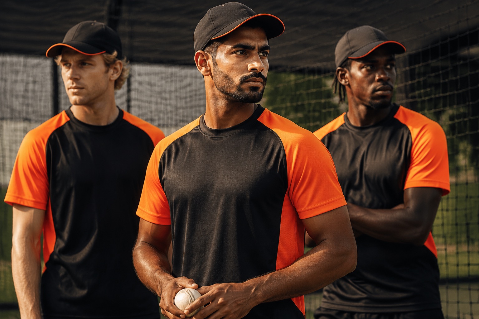 Cricketers in matching training tees and caps during a net session