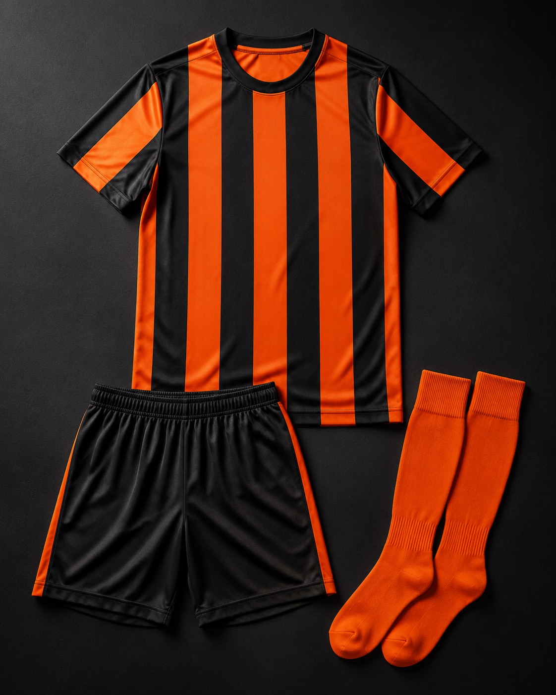 Custom orange and black striped match jersey with matching shorts and socks