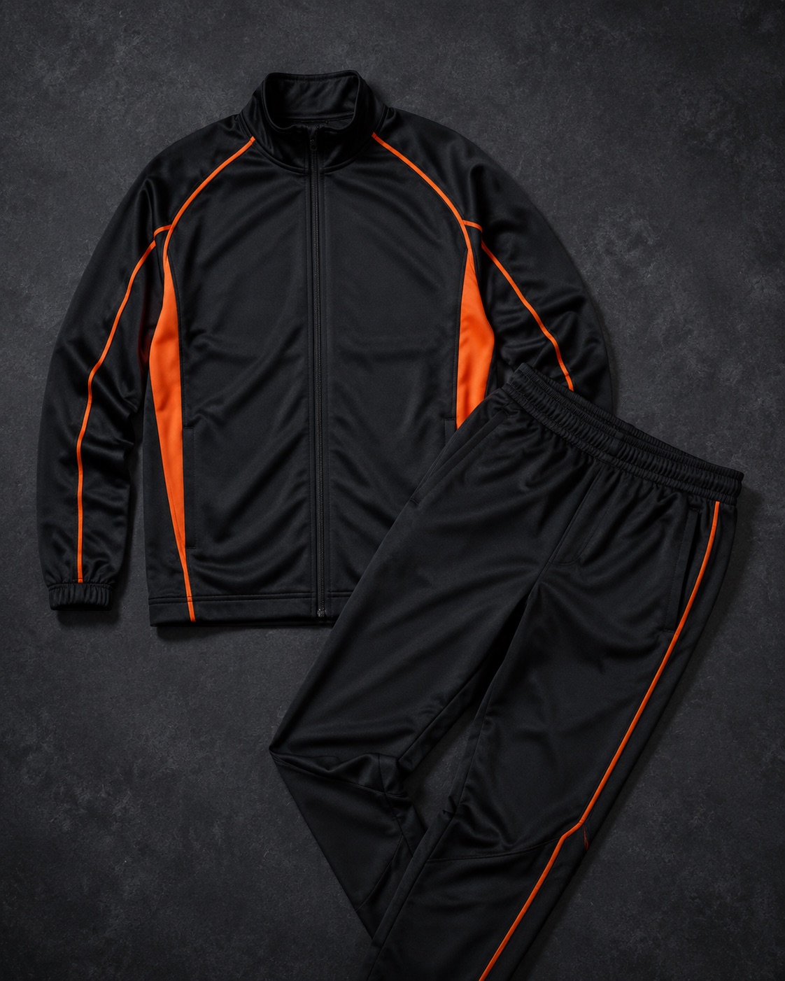 Matching rugby tracksuit jacket and pants with contrast piping, flat lay