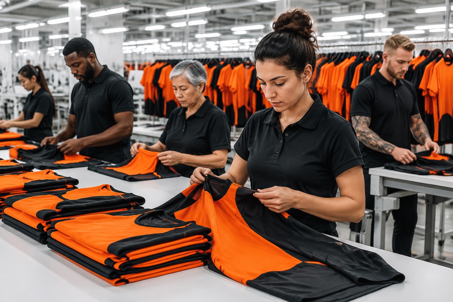 Quality controller in an Addahar branded polo inspecting finished teamwear on a factory table