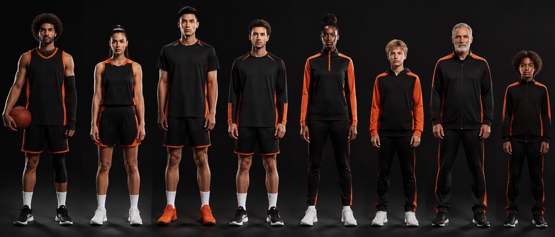 Basketball players side by side wearing the full programme range, from game uniform through shooting shirt to warm-up