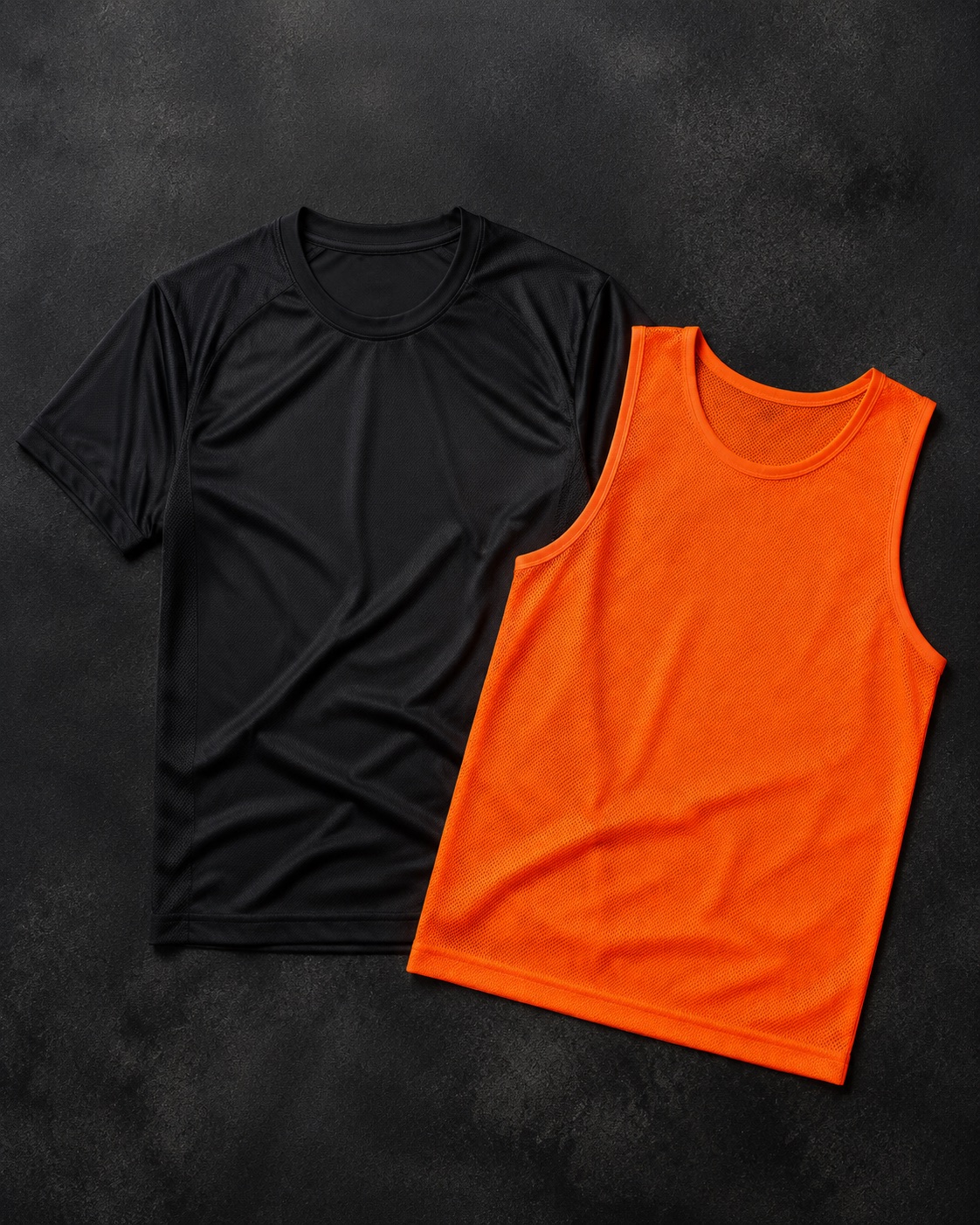 Black football training tee beside a bright orange mesh training bib