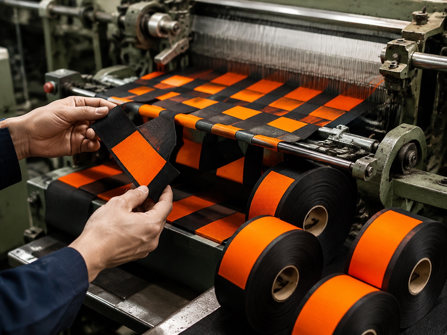 Rolls of freshly woven brand labels on a loom