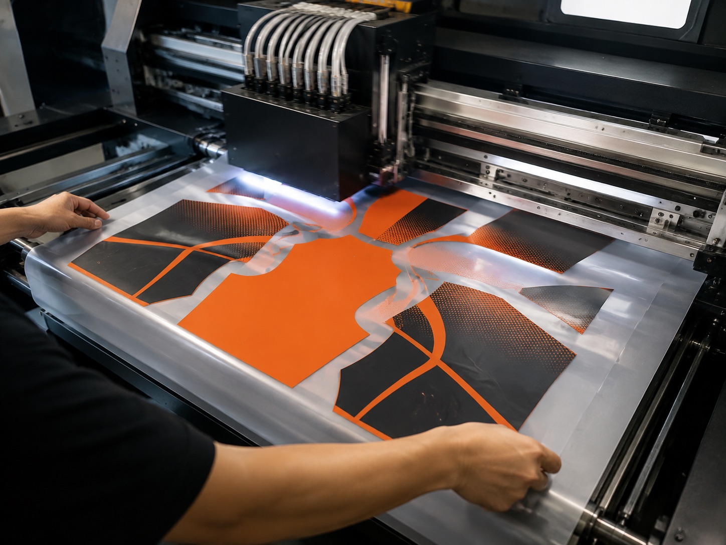 Direct-to-film printer laying colour and white ink onto transfer film