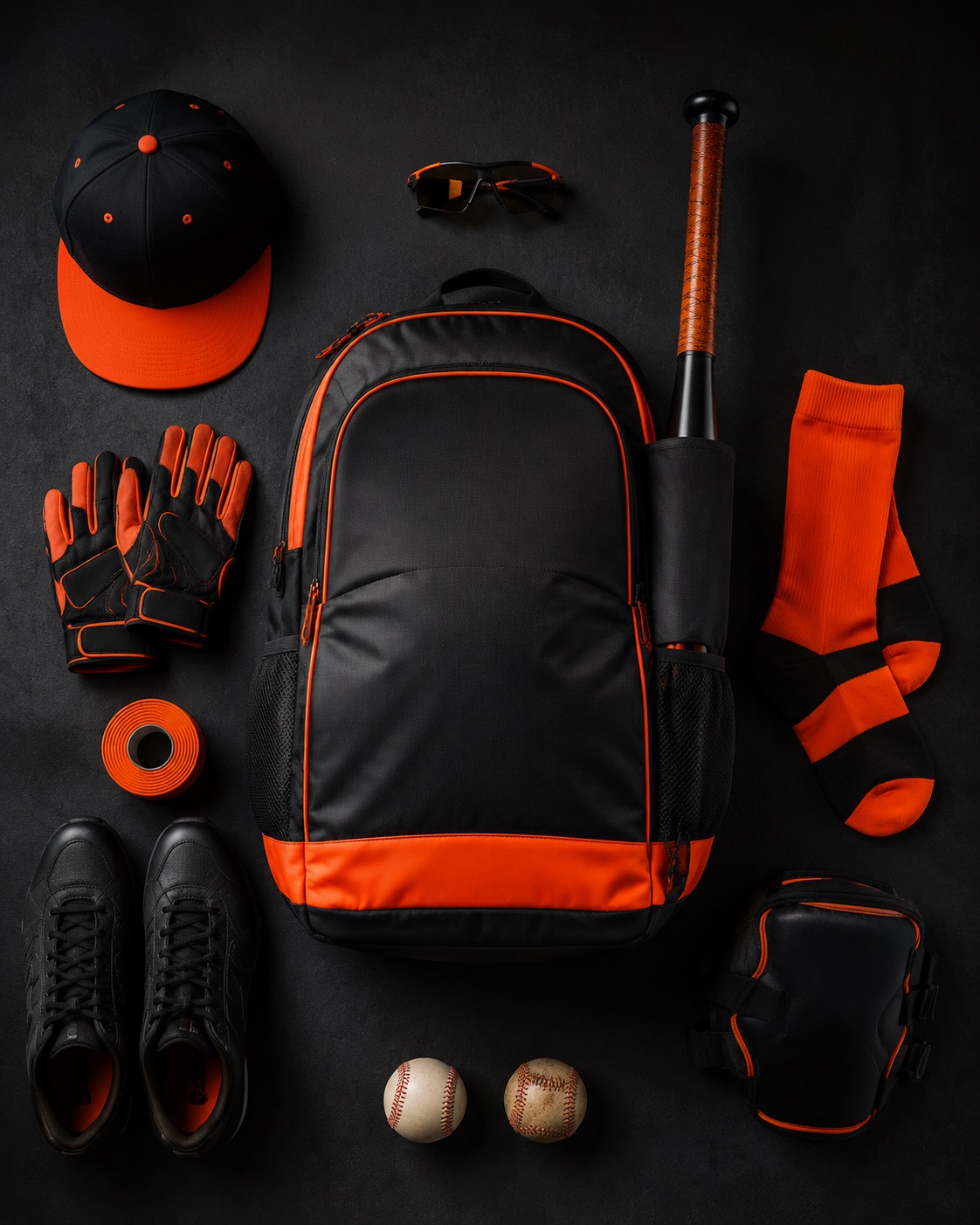 Baseball equipment backpack with a bat sleeve, flat lay