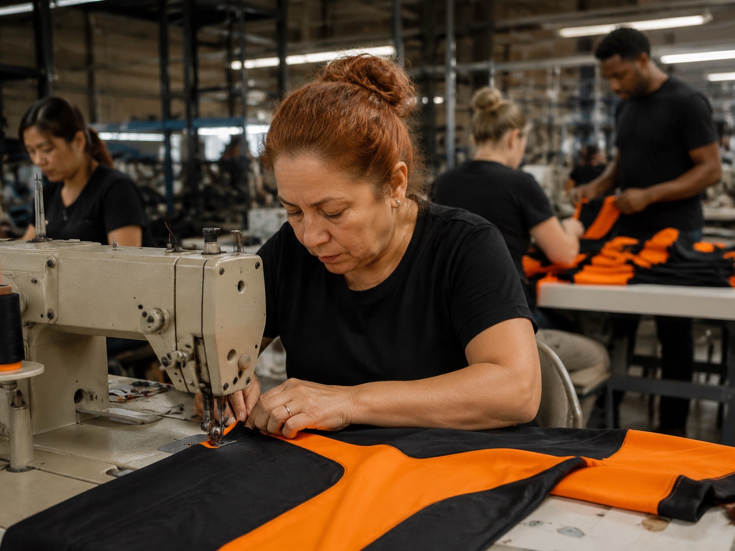 Machinist sewing a sample sportswear garment at an industrial machine