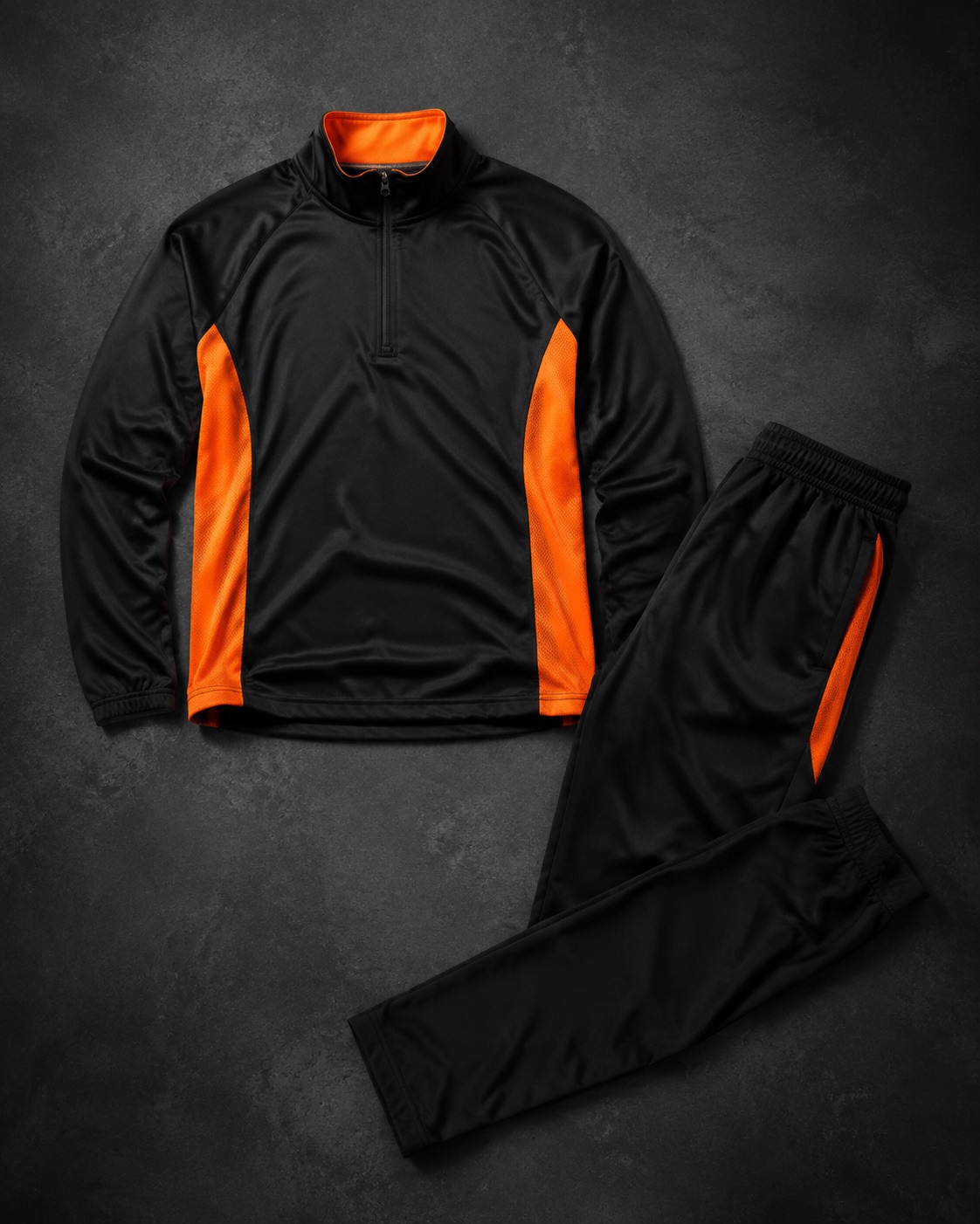Black training top and joggers with orange trim laid out as a set