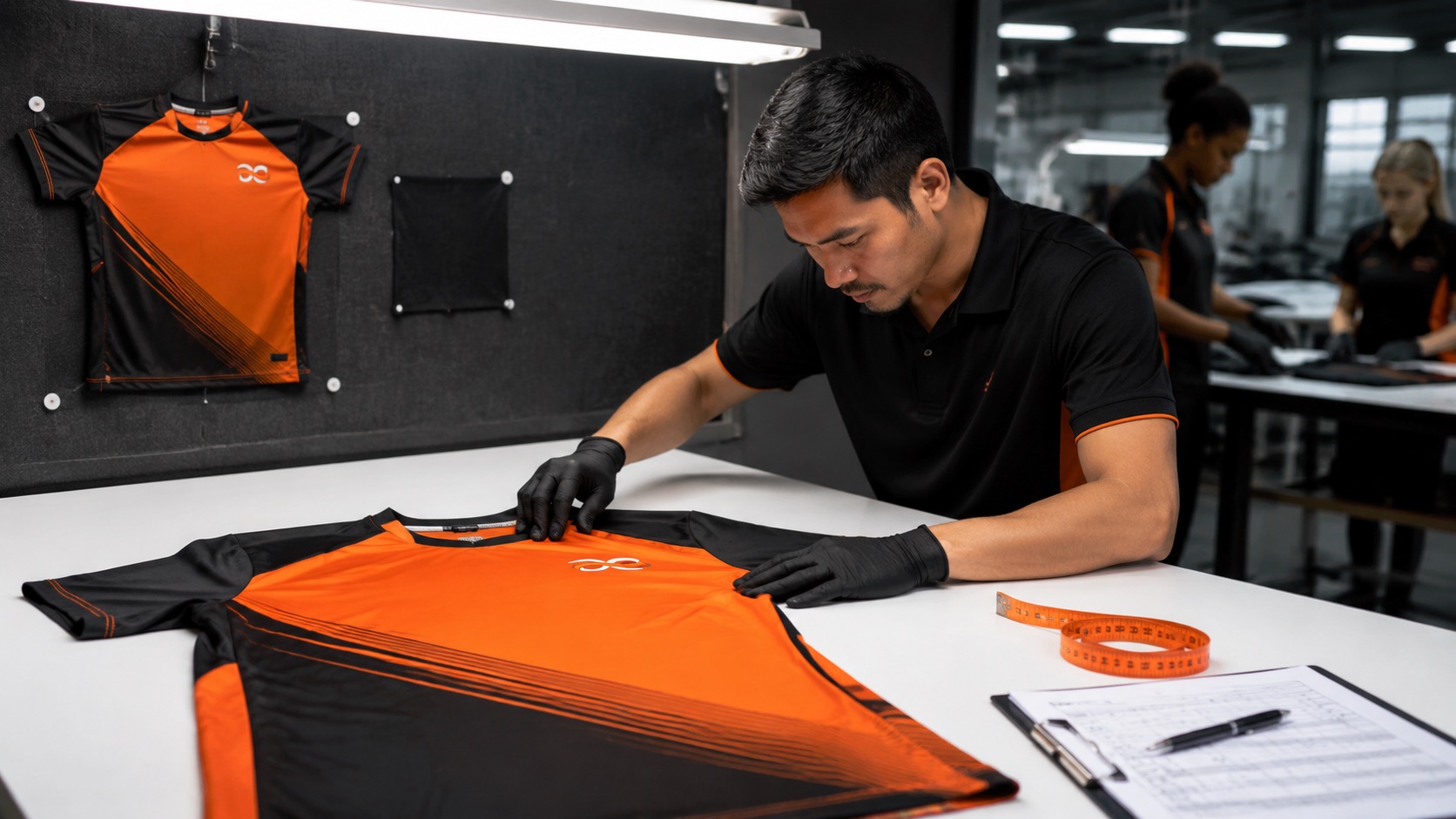 Quality inspector examining a custom orange and black jersey against an approved reference sample under bright inspection lighting