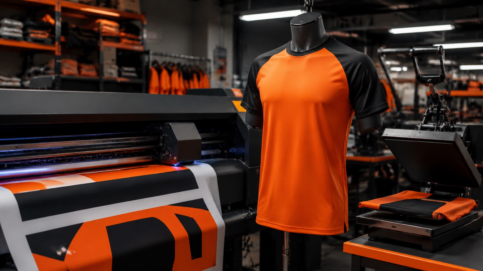 Direct-to-film printer producing full-colour transfers beside a heat press in an apparel workshop