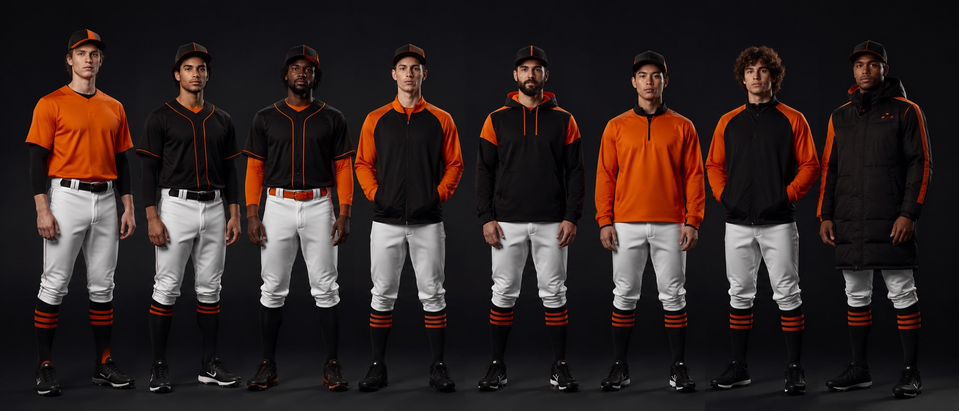 Baseball players side by side wearing the full programme range, from game uniform to dugout jacket