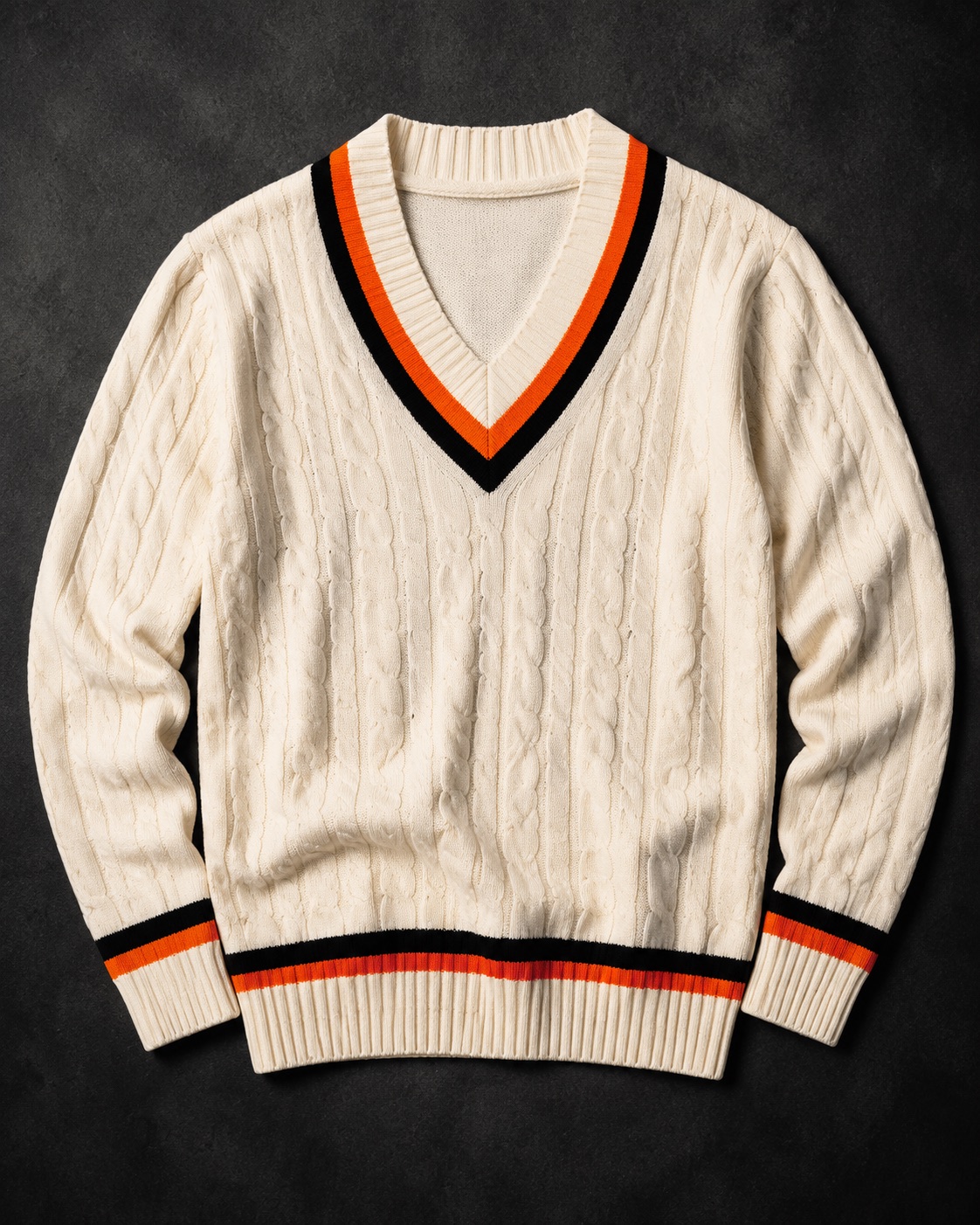 Cream cable-knit cricket sweater with orange and black V-neck tipping, flat lay