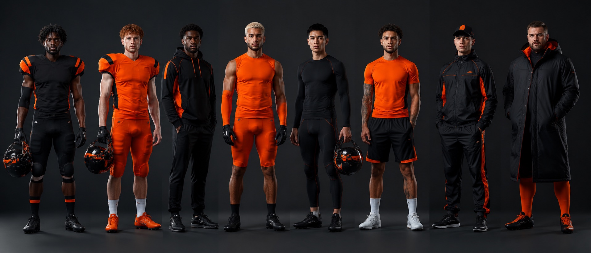 American football players side by side wearing the full programme range, from game jersey to sideline parka