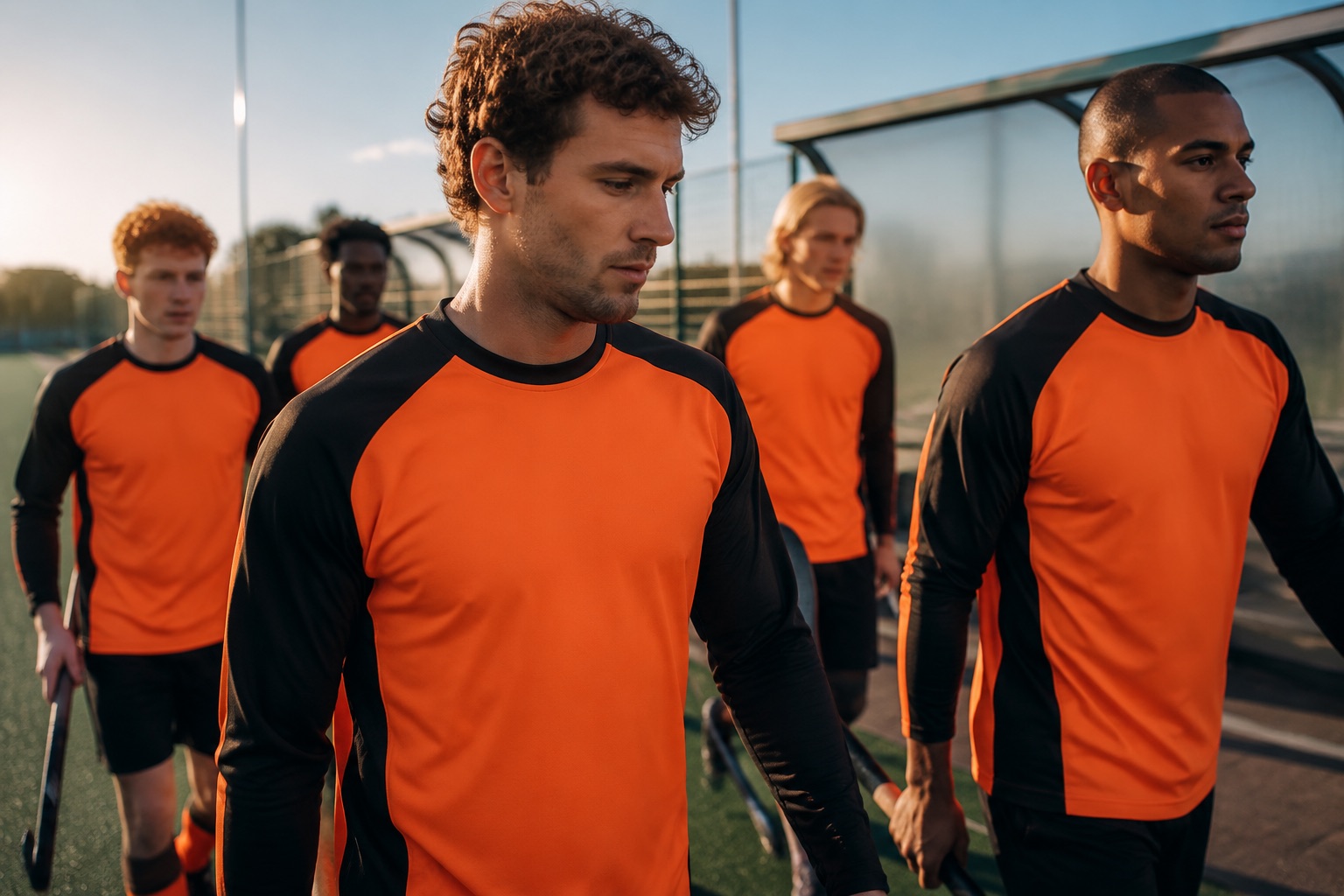 Hockey players in matching training tops walking off an astroturf pitch