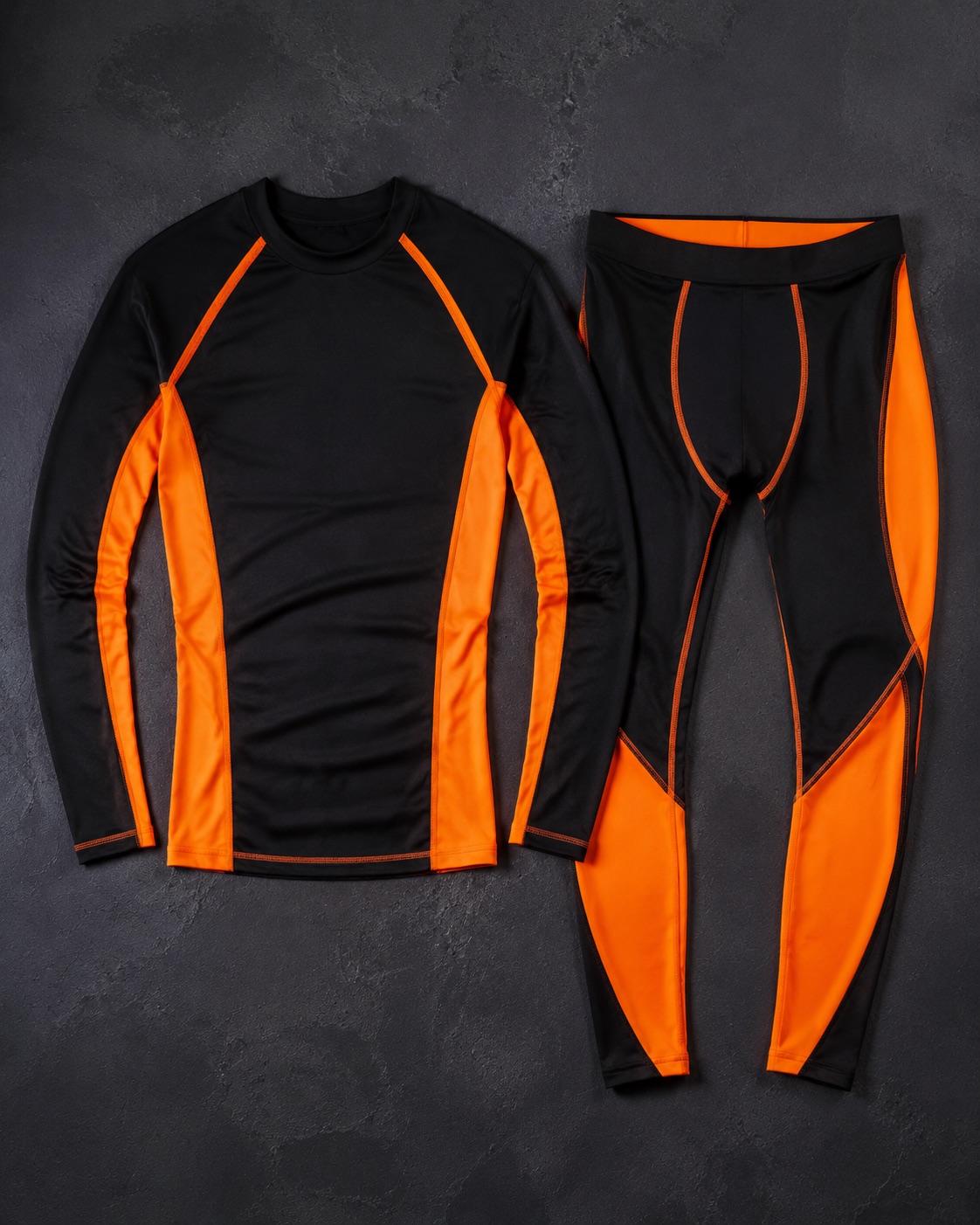 American football compression base layer top and tights, flat lay