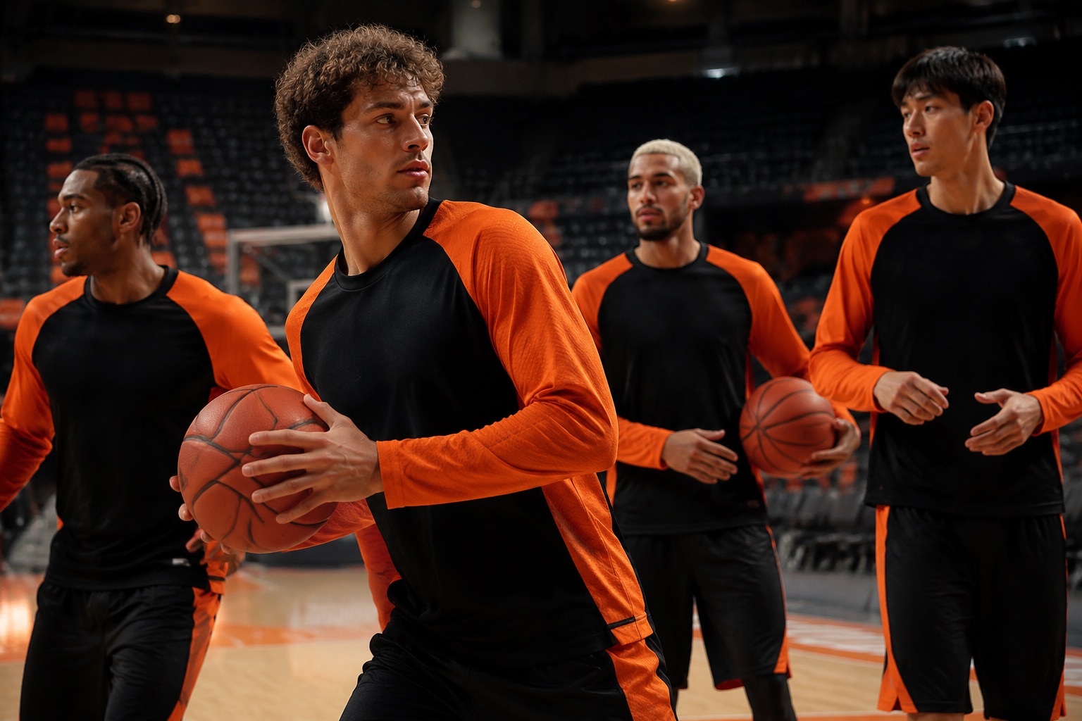 Basketball players in matching orange and black shooting shirts warming up on court