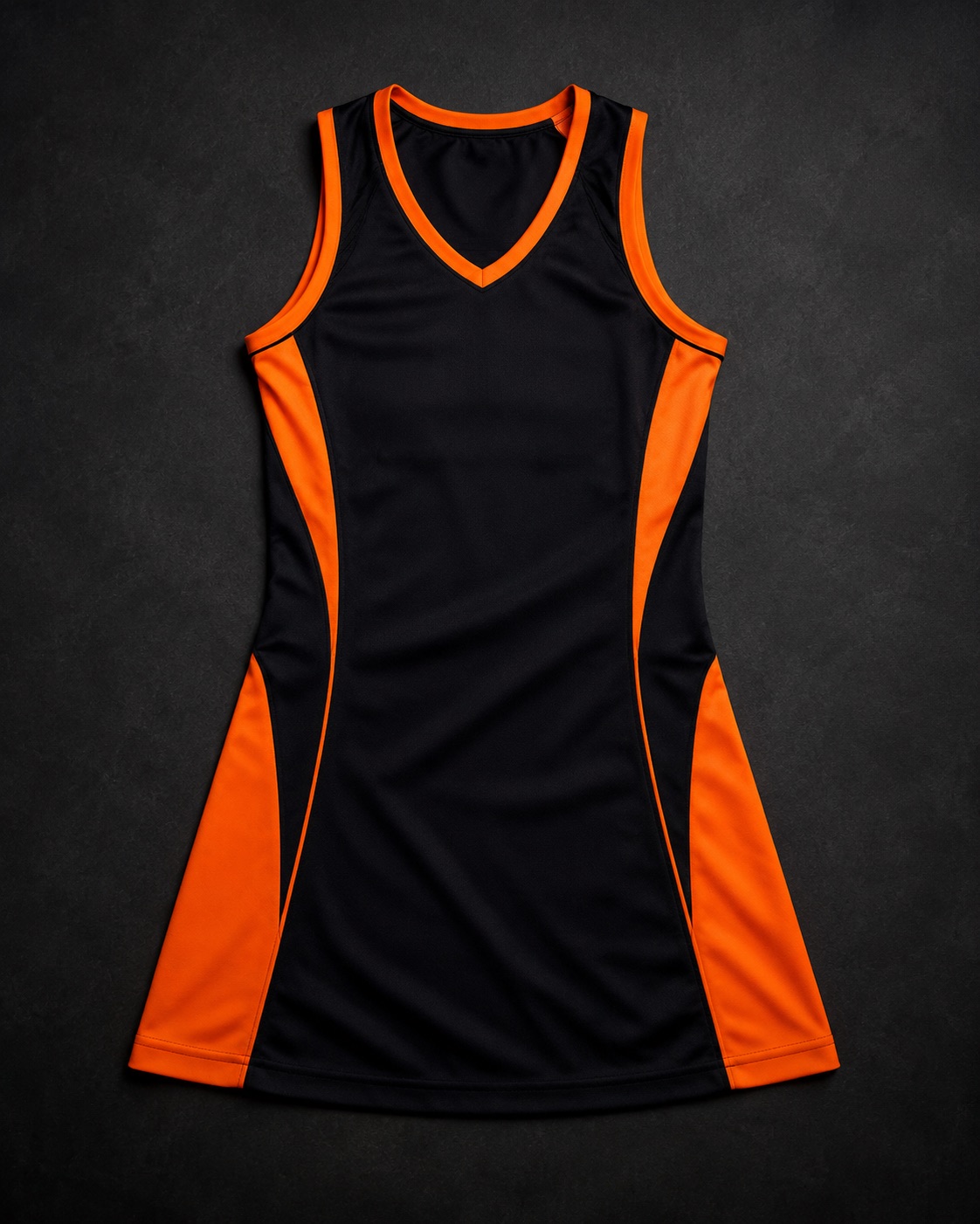 Custom netball match dress, flat lay on dark charcoal