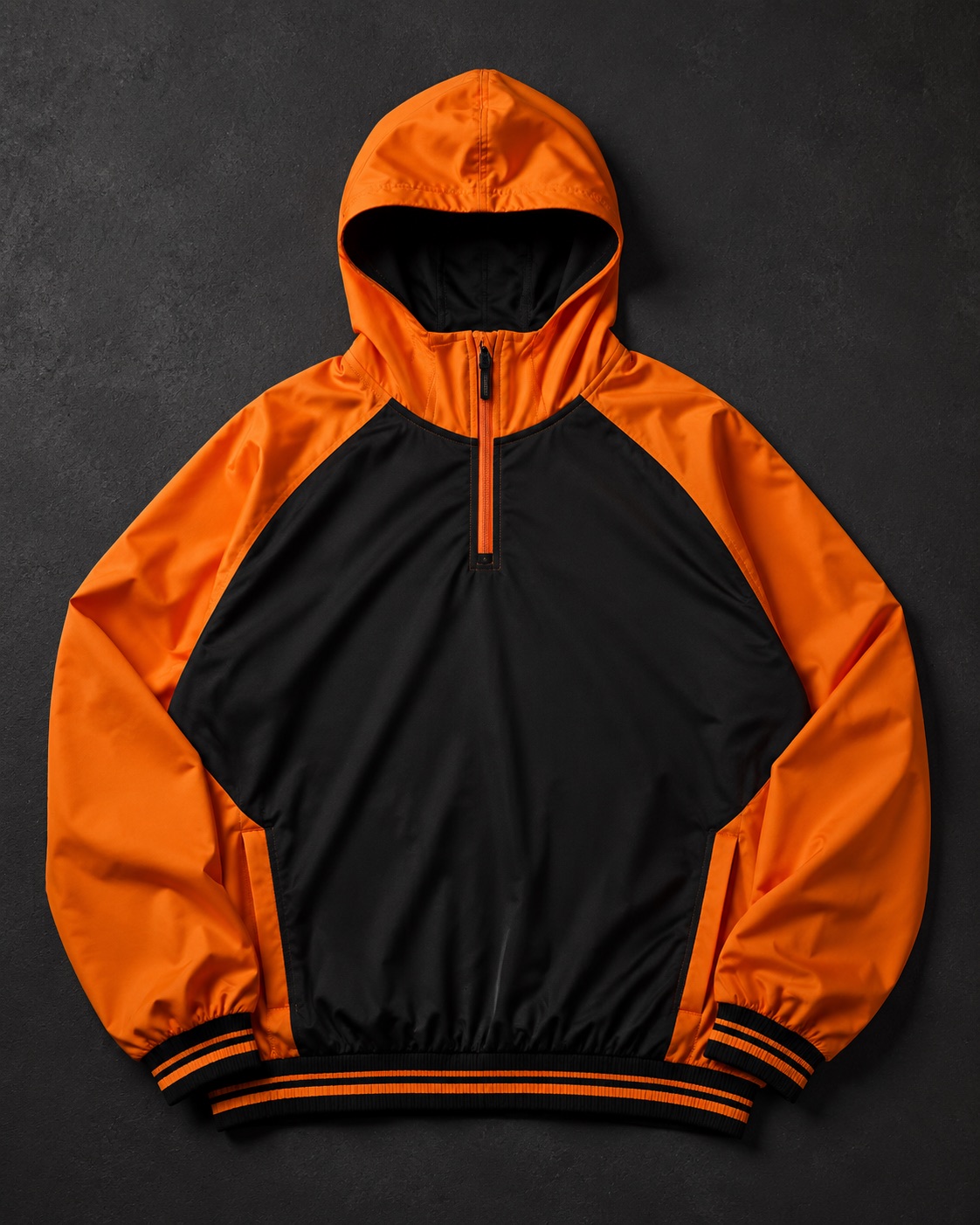 Oversized American football sideline hoodie, flat lay on dark charcoal