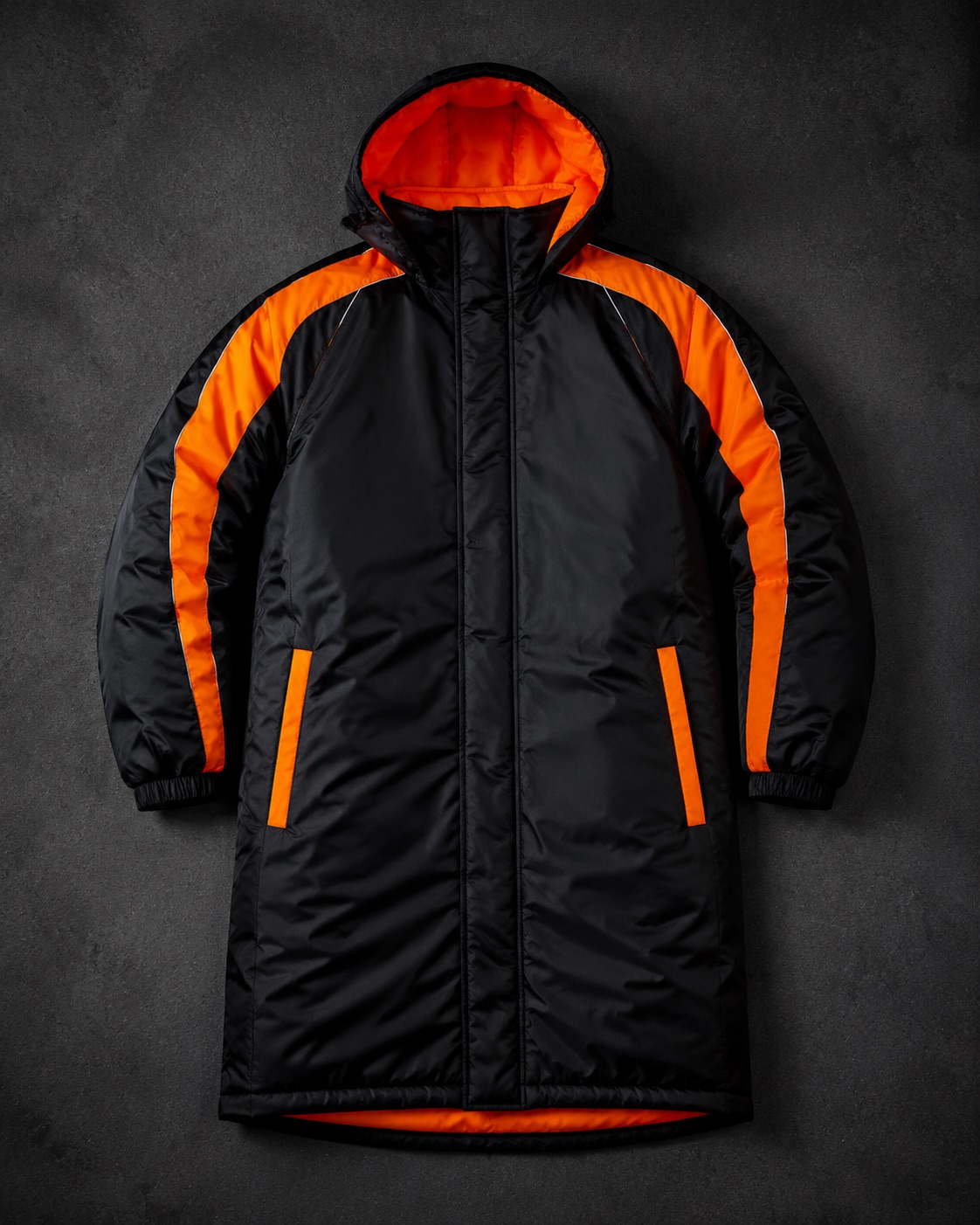 Long insulated American football sideline parka, flat lay