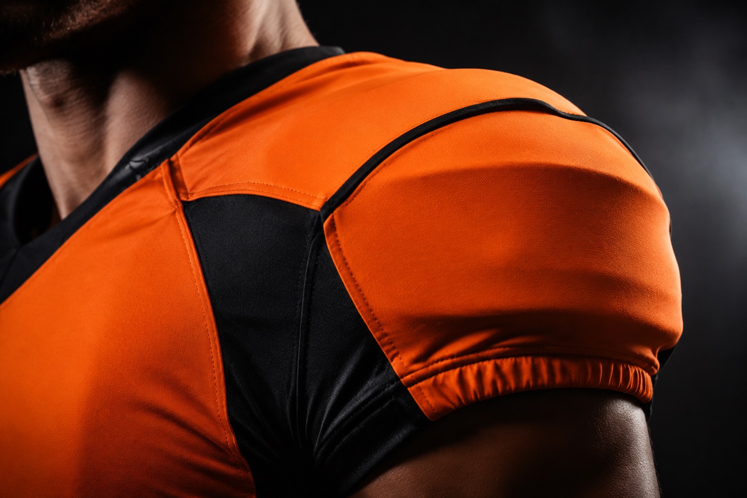 Close detail of a stretch football jersey shoulder showing the tight fit over a pad