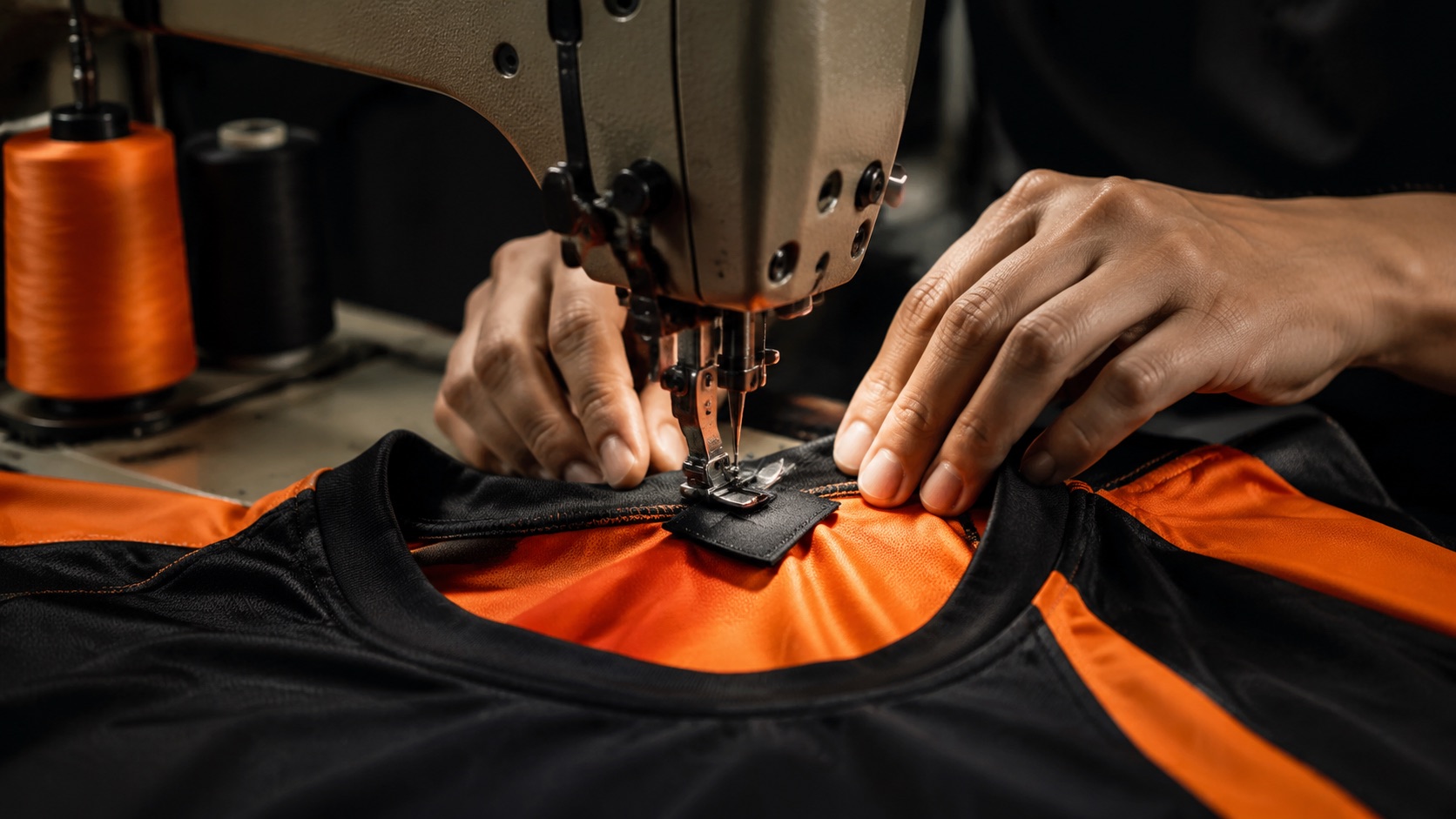 Woven brand label being stitched into the neck seam of a finished garment