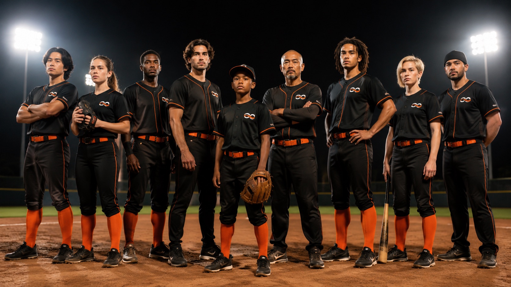 Baseball squad in custom orange and black Addahar uniforms lined up on a floodlit diamond