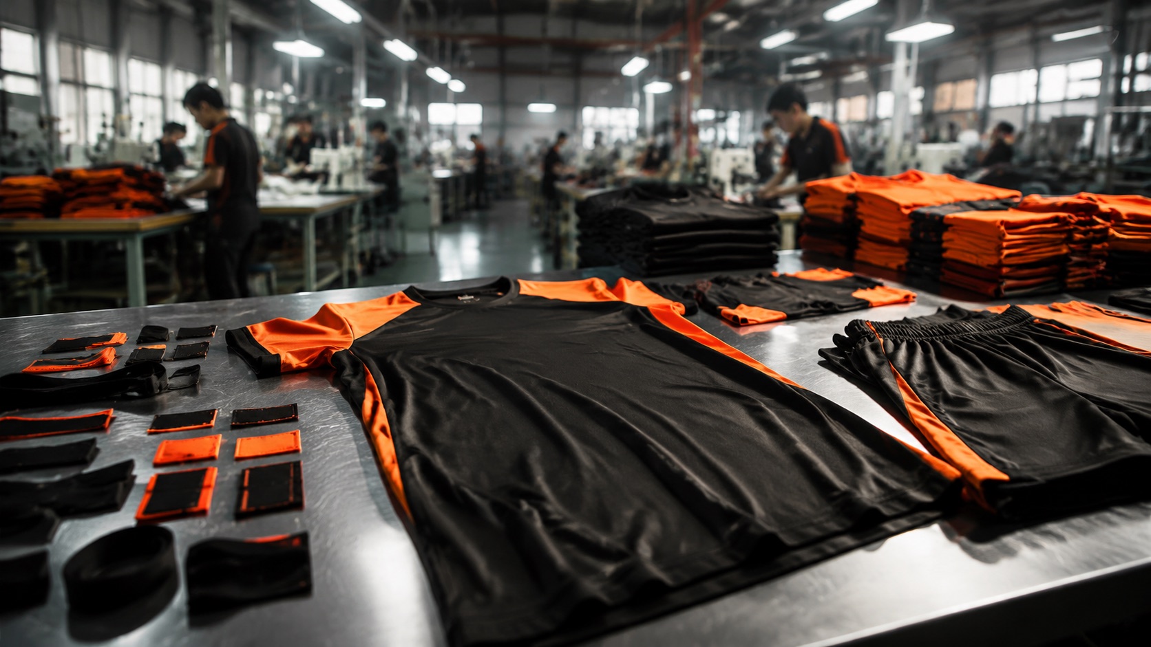 Custom woven brand labels and size tabs laid out beside finished garments in an apparel factory