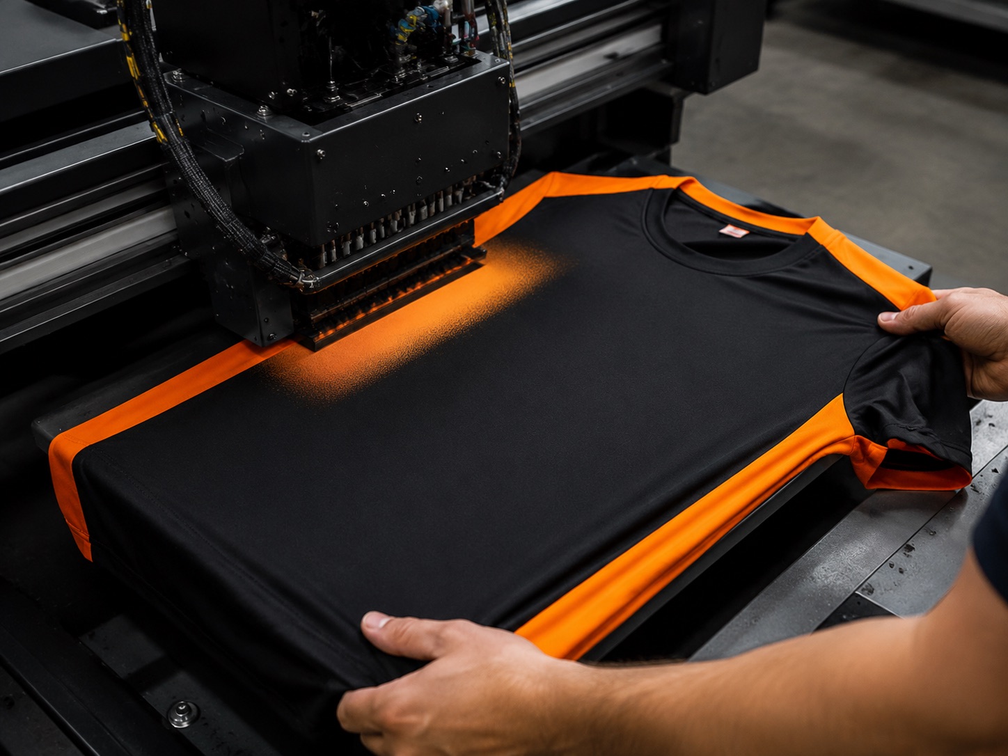 Direct-to-garment print head laying colour onto a dark shirt