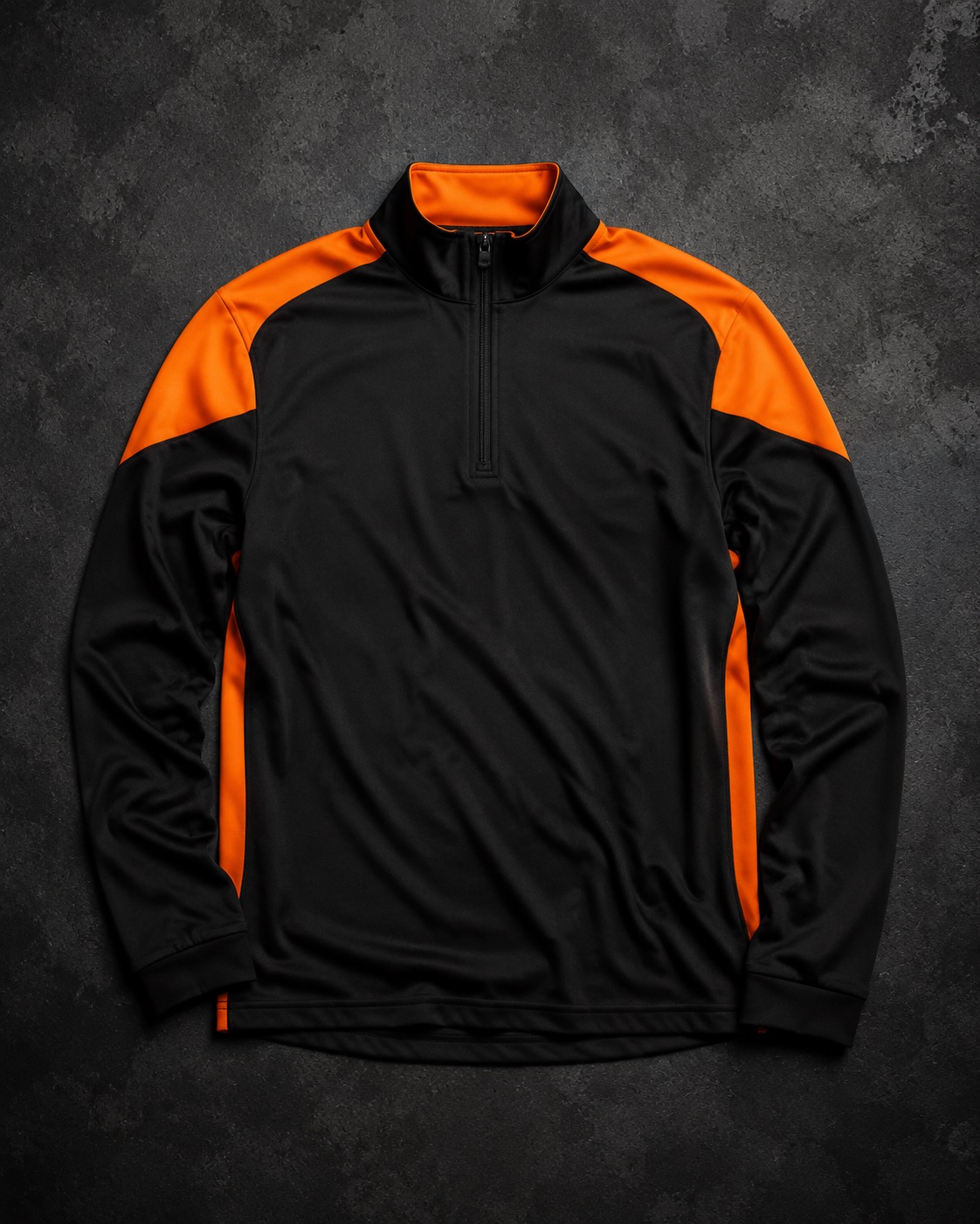 Black quarter-zip football drill top with orange shoulder panels